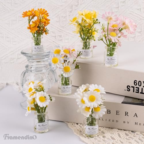 Framendino, 6 Pack Mini Daisy Flower Ornament Cute Artificial Miniature Flowers Glass Vase Decorations for Car Dashboard Interior Decor