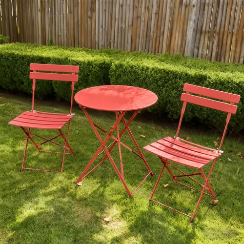 3 Pieces Outdoor Bistro Set, Patio Table and Chairs Set,Red | Weather and Rust Resistant,Steel Frame,Anti-slip Footpad,Foldable,Ideal for Poolside,Garden,Backyard,Front Porch,Balcony - color: Red