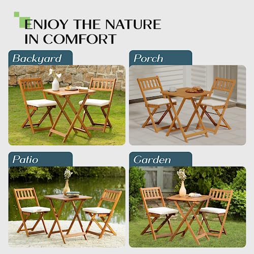 IDZO Heavy Duty 400lbs Capacity Patio Bistro Sets, 3 Piece Outdoor Folding Chairs with Cushions and Square Table, FSC-Certified Acacia Wood, Space-Saving Design for Balcony, Garden and Porch - color: Square Table, style: Classic Bistro Set