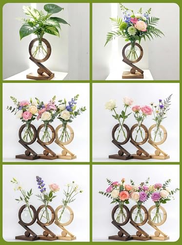 Glass Plant Propagation Station with Wooden Stand, Light Burnt Wood - color: Light Burnt Wood