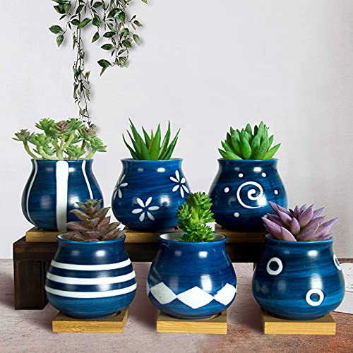 Cute Succulent Pots with Drainage Bamboo Tray - 3" Succulent Planters with Drainage Hole Ceramic Planter Tiny Pots for Indoor Small Plants, Small pots for Succulents Cactus Container Set of 6 - color: Blue-6pcs