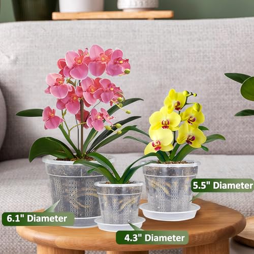 Orchid Pot with Saucers, 6 Pack 5.5" Orchid Pots with Holes and 10Pcs Plant Stakes, Clear Plastic Flower Plant Pot for Indoor Outdoor Plants(6 Pack 5.5"+ Saucers) - style: 6 Pack 5.5"+ Saucers