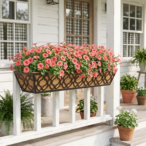 Y&M 4-Pack 30 Inch Railing Planter Boxes 24 Inch 2 Pack, Hanging Balcony Planter, Adjustable Deck Railing Planter Box, Metal Window Boxes Outdoor for Fence, Porch Flower Pots Holder - color: 30inchflo4pcs