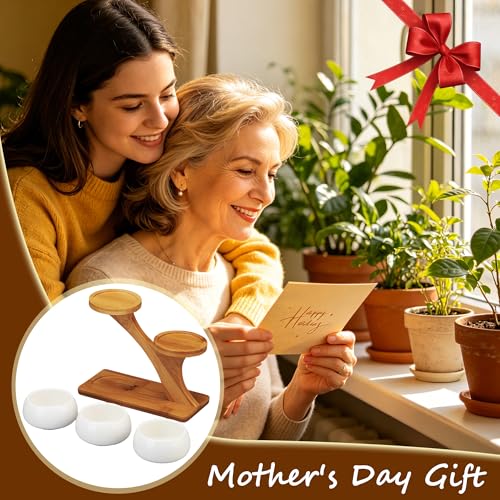 FLOWERPLUS Planter Pots Indoor, 3 Pack 3 Inch White Ceramic Decorative Small Round Succulent Cactus Flower Plant Pot with Tree Tier Bamboo Stand for Garden Kitchen Home Office Desk Decorations