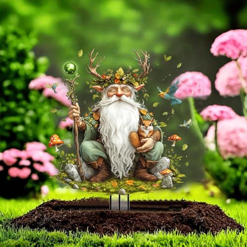 Gnome Garden Stakes Decor Yard Acrylic - 2D Spring Garden Acrylic Sign Decoration, Fantasy Yard Art, Gift for Nature Lovers, for Indoor & Outdoor Flower Pots, Yard, Mini Gardens & Lawn (5.9”x5.9”) Y6