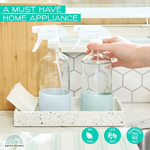 SAVVY PLANET - Glass Spray Bottles for Cleaning, Silicone Sleeve Bottom for Protection, Reusable Glass Spray Bottles 16 Oz With Adjustable Nozzle Settings (2 Pack) - color: Pastel Green & Cream White