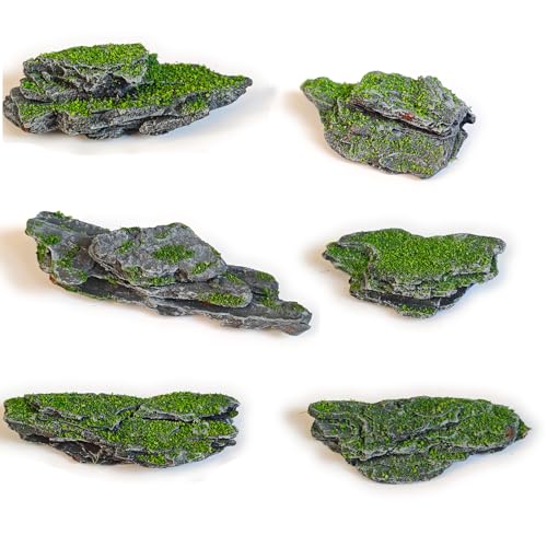Miniature Moss Stones for Terrarium - Tree Bark Diorama Rocks for Miniature Terrain Display - Lightweight Reptile Habitat Decor - NOT for Aquarium Underwater Use - 12 Pcs Moss-Covered (1-2 inch) - style: 12P Moss Slate Rocks (Wooden)