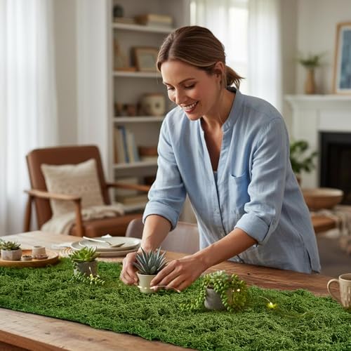 Artificial Moss Mat 11.8" x 8.85ft, Faux Moss Roll Runner Sheet for Crafts & Wedding Decor, Reusable Green Nylon Fake Moss Roll for Garden Theme Party, Fireplace & Table Display - size: 12x106inch