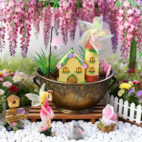 DONABELA Fairy Garden Kit Pink Mini Windmill House Decor Set Rabbit Flower Pot Supplies Signpost CD Player Resin Figurines Accessories Gift Indoor Outdoor Yard - style: Windmill house