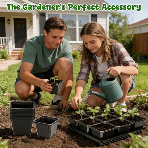 3.5in 50Pcs Black Square Nursery Pots with 5Pcs Plastic Seed Starting Trays