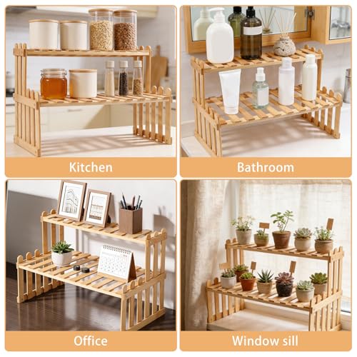 GLOBLELAND 15.7" 2-Tier Wooden Station Shelf Stand Adjustable Desktop Flower Pot Rack Storage Shelf Tabletop Plants Display Organizer for Balcony Tea Desktop Flower Pot Cup