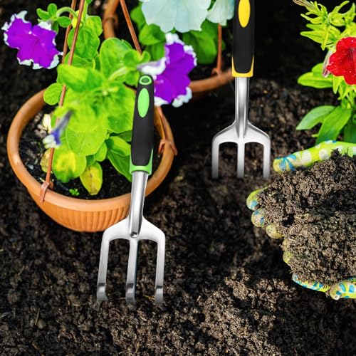 Yaocom 12 Pcs Hand Rake Garden Tool Mini Rake Heavy Duty Garden Cultivator 11 Inches Small Rake for Gardening Aluminum Alloy Hand Tiller with Soft TPR Handle for Digging Weeding Loosening Soil - color: Yellow, Green, style: 3-tine Rake
