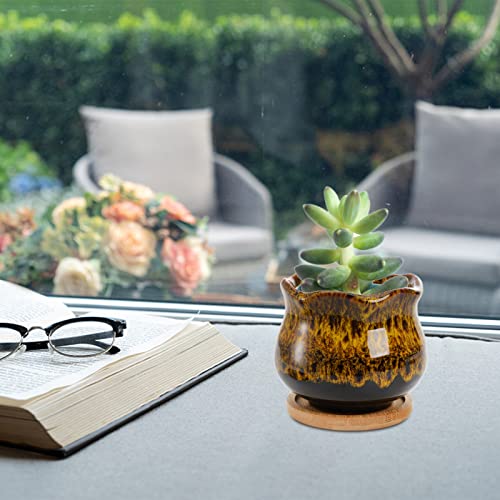 TOPZEA Set of 6 Succulent Plant Pots, 4 Inch Glazed Ceramic Cute Plant Pots with Drainage and Saucer, Mini Bonsai Planter Small Cactus Flower Pots for Indoor Outdoor Use - size: 4 inch (L)x 4 inch (W) x 3.3 inch (H)