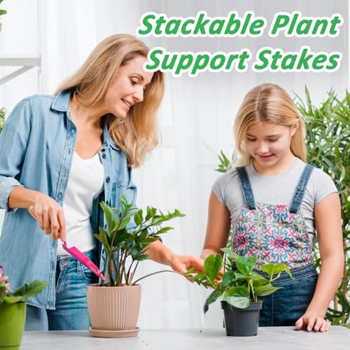 MXCOIRTP 10 Pack Stackable Plant Support Stakes & Adjustable Circular Trellis, Garden Trellis for Climbing Plants Indoor and Outdoor Use, Garden Accessories for Monstera, Pothos, Tomato