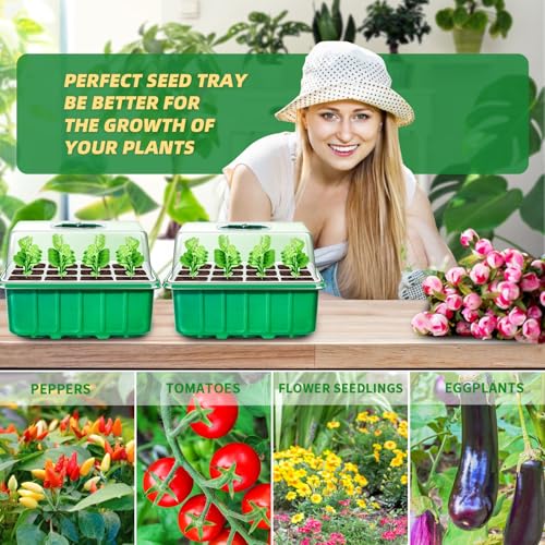 Seed Starter Tray Kit, 5 Pcs Seed Starting Trays with Humidity Dome and Base Plant Starter Kit for Seed Germination and Growing, with Plant Labels and Foldable Watering Can