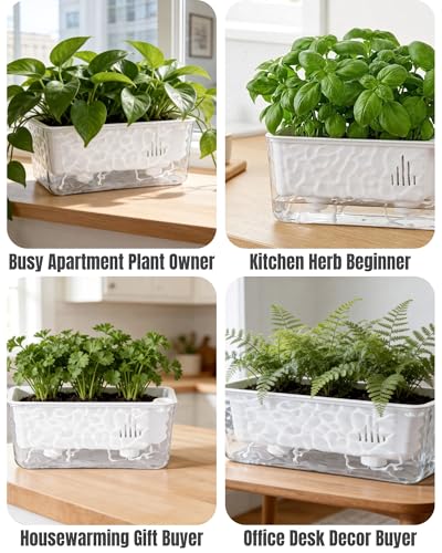 11 Inch Self Watering Plant Pots for Indoor Plants, 4 Packs rectangle planter with Drainage Tray and Rope, Window Boxes Planters for Indoor Outdoor Garden Plants, African Violet, Herbs, Succulents - size: Rectangular