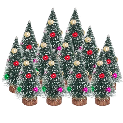 Yookat 12Pcs Mini Christmas Trees Bottle Brush Trees Small Sisal Trees Mini Pine Trees with Wood Base Small Bottle Brush Trees for Christmas Winter Decoration (Green)