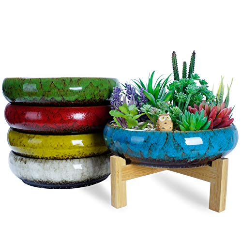 Succulent Pots, 10 Inch Large Succulent Planters with Stand - Ceramic Bonsai Pot with Drainage for Indoor Plants Cactus Flower Planter Pot Plus Succulent Planting Tools Set & 2.2lb Mix Pebbles - color: Blue With Mix Lava Rock Pebbles