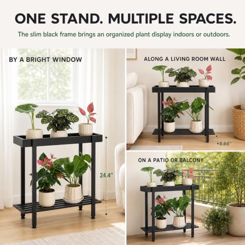 Honla 2 Tier Metal Plant Stand,Indoor Outdoor Plant Table for Window,Black | 26"L x 8.66"W x 24.40"H,Protective Raised Rim,Drainage Holes,Adjustable feet,110 lbs Weight Capacity,Rugged and Wobble-Free - color: Black