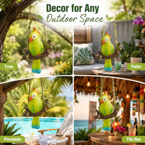 Hanging Resin Parrot Statue, Waterproof Green Bird Sculpture,Outdoor Decor for Tree, Patio, Garden, Pool, Yard, Tiki Bar