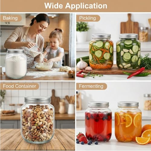 Coloch 4 Pack Half Gallon Glass Jar with Metal Lid, 64 Oz Clear Food Storage Jar Wide Mouth Glass Pantry Container for Candy, Cookie, Flour, Kombucha Tea, Fermenting