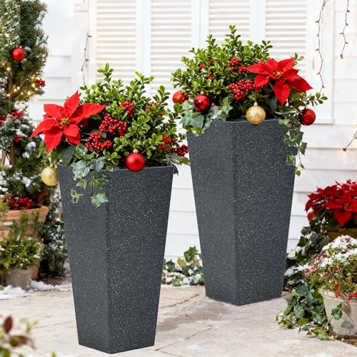 Autodaya 28" Oversized Black Terrazzo-Look PP Tall Planters Set of 2 - color: Faux Black Terrazzo-28"h