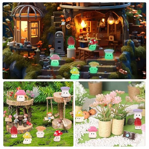 Luminous Mushrooms, 18Pcs Mini Resin Glow in The Dark Mushroom Luminous Plants Ornament for Dollhouse Fairy Garden Decoration Tiny Mushroom Figurine State DIY Craft Micro Landscape Aquarium | Luminous Plants Ornament for Fairy Garden Decoration Tiny Mushr