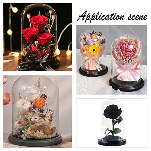 NBEADS Eternal Flower Glass Display Dome Cloche, Glass Display with Wood Pedestal Bell Jar Cloche for Valentine's Day Mother's Day Flower Decorations Crafts, Black Base