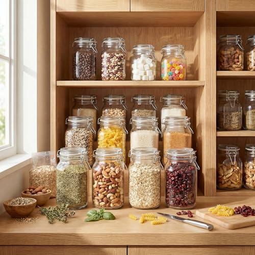 17 oz Square Glass Jars with Airtight Lids, 6 Pack Mason Jar with Clamp Lid | Air Tight Glass Food Storage Containers with Lids Keep Food Dry & Fresh, Best Canister for Flour, Sugar, Cereal, Rice, Coffee - color: Square-17OZ Set- 6 Pack