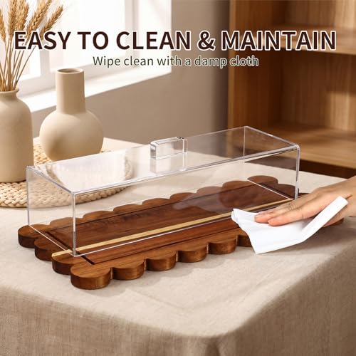 1 Pack Acacia Wood Cake Stand with Lid 16.3" x 7.2" Large Scalloped Rectangular Cake Holder 2-in-1 Charcuterie Board Acacia Wood Dessert Display with Acrylic Cover for Birthday Weddings Party