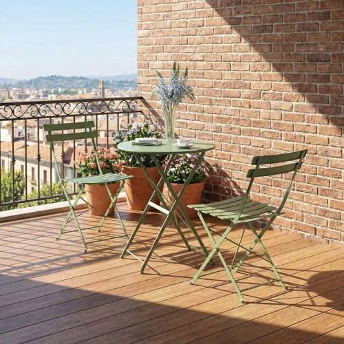GarveeLife Outdoor Metal Bistro Set, 3-Piece Patio Furniture Set with 2 Chairs and 1 Table, Flat Steel Frame Patio Dining Set for Garden, Balcony, Porch & Backyard,Green