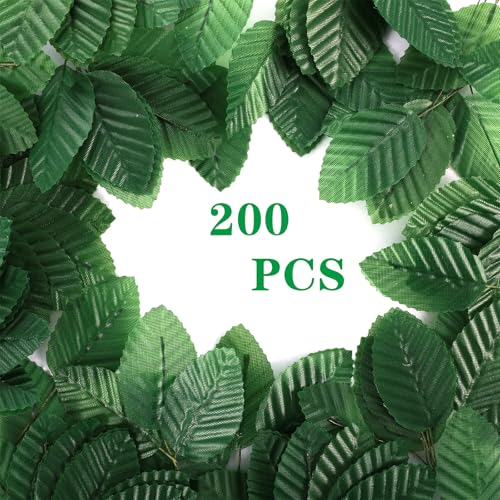 Yolev 200 Pcs Dark Green, Green & Silver Artificial Leaves for Crafts, Silk Fake Leaves, Bulk Faux Wired Single Leaf Wire Plastic Artificial Flowers, Silk Eaves for DIY Wreaths, Wedding, Christmas - color: Dark Green