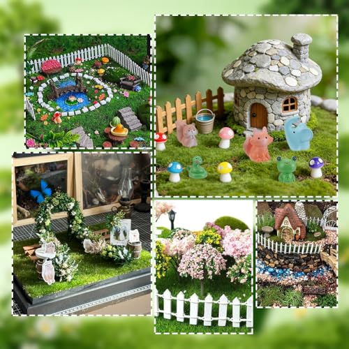 OLYCRAFT 35 Inch Mini Fairy Garden Fence Set with 4Pcs White Picket 8Pcs Fake Grass 6x6 Inch and 12Pcs Mini Animal Decorative Picket Fence Miniature Garden Ornament for DIY Minihouse Landscape
