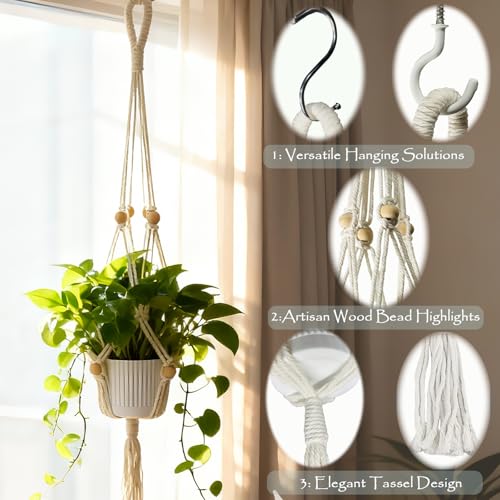 2-Pack Macrame Plant Hangers, 35 Inch | Boho Hanging Planters, With Tassel, 4 Hooks Included, Handwoven Cotton Rope, For Indoor Home Decor (No Pot Included)