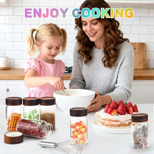 8 oz Small Glass Spice Jars with Airtight Wood Acacia Lid 4 PCS,Clear Coffee Ground Storage Canister Round Glass Spice Jar for Pantry Sugar Tea Bean Nuts Cookies Salts Seasoning - color: 4×250ml(8.4oz)