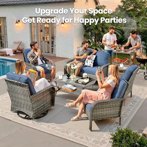 7 Piece Wicker Patio Furniture Set with Swivel Chairs, Denim Blue - color: Denim Blue, size: 7 Pcs Patio Set