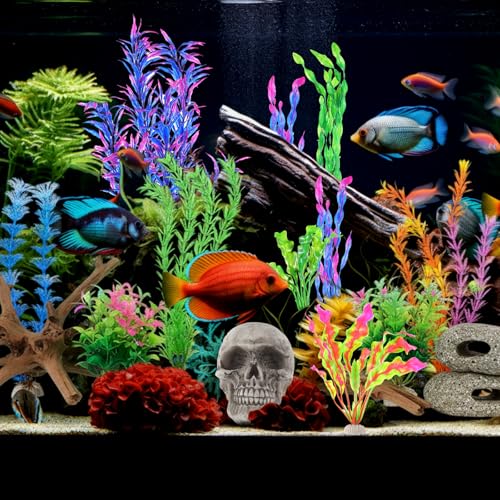 Jexine 18 Pcs Fish Tank Decorations Aquarium Decor Reptile Tank Accessories Set Include 10 Artificial Plastic Plants 3 Natural Driftwood 3 Rock Cave Decoration 2 Aquarium Skull