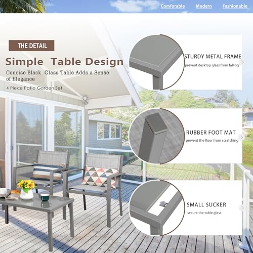Vongrasig 4 Pieces Patio Furniture Sets,Outdoor Patio Conversation Sets with Glass Coffee Table, Small Porch Balcony Furniture, Patio Table and Chairs Set for Garden, Backyard (Silver) - color: Silver