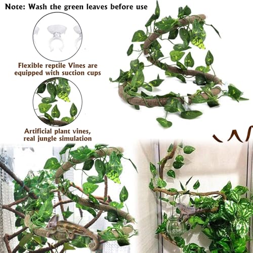 Hamiledyi 5 Pcs Reptile Plants Terrarium Hanging Fake Plant Leaves and Large Driftwood for Reptile Tank 11-16" Natural Bearded Dragon Wood for Ball Python Gecko Lizard Chameleon Iguana