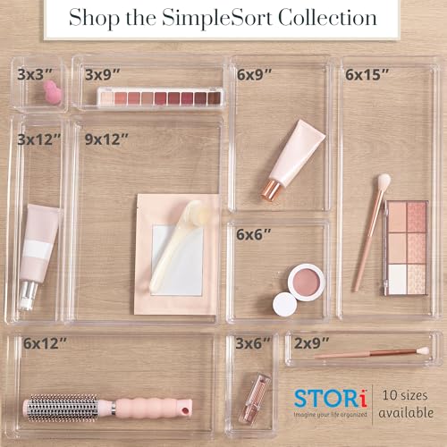 STORi SimpleSort 6-Piece Stackable Clear Drawer Organizer Set | 3" x 3" x 2" Square Trays | Small Makeup Vanity Storage Bins and Office Desk Drawer Dividers | Made in USA - size: 3x3x2" (Set of 6)