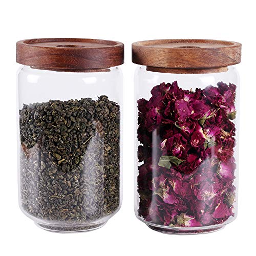 LEAVES AND TREES Y Glass Tea Canister, 25 FL OZ/ 750ml Bulk Food Storage Jar with Airtight Acacia Lid, Glass Food Container for Loose Leaf Tea, Coffee Bean(6 inch high) - color: Clear Glass - Acacia Lid