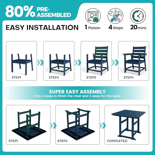 5 Piece Patio Dining Set, HDPE All-Weather Furniture,Navy | Waterproof 4 Chairs with Armchair Seat & 1 Square Table, Natural Wood Look for Backyard, Garden, Patio - color: Navy, size: Square 5-Piece Dining Set