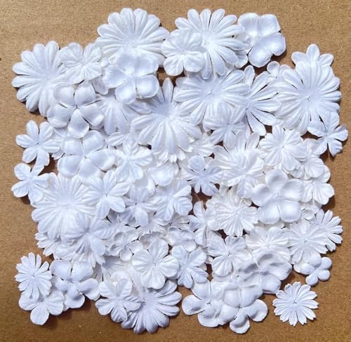 100 Pcs Handmade Mulberry Paper Flowers 3 mm - 1.5 Inch Scrapbooking Wedding DIY Craft Supplies Card. (Mixed White Flowers) - color: Lavender Tone
