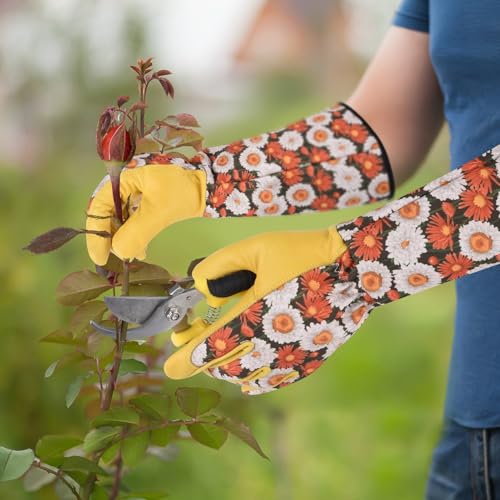 Long Gardening Gloves for Women Thorn Proof,Rose Pruning Cowhide Leather Garden Glove for Cactus, Rose and Blackberry - color: Brownish-large