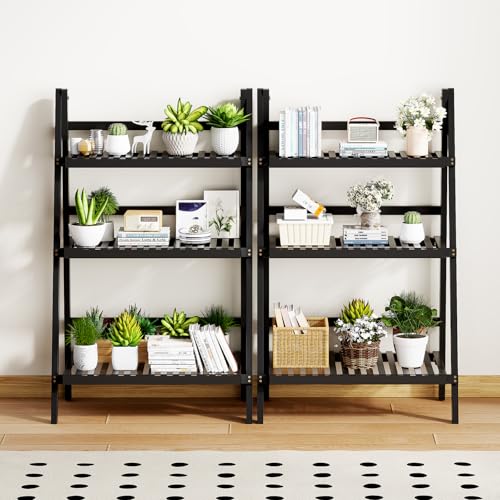 39.4" Foldable Ladder Shelf Plant Shelf, 3 Tier Bamboo Ladder Bookshelf - color: 3-Tier Black