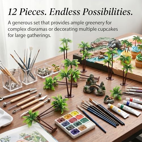 Veemoon Miniature Plastic Fake Palm Trees, 12Pcs Mini Coconut Tree Model Decor Tiny Artificial Tropical Plant Ornament for Micro Diorama Supplies, Fish Tank, Fairy Garden Landscape & Cupcake Props