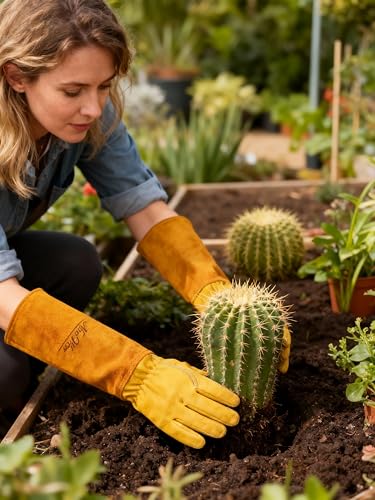 Gardens Leather Gardening Gloves for Women and Men | Thorn and Cut Proof Garden Work Gloves with Long Heavy Duty Gauntlet | Suitable For Thorny Bushes Cacti Rose (Large, Yellow) - size: Large (Pack of 1)