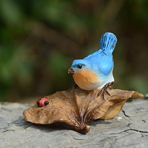 Top Collection Miniature Fairy Garden and Terrarium Statue, Bluebird on Leaf with Ladybug - color: Bluebird on Leaf With Ladybug