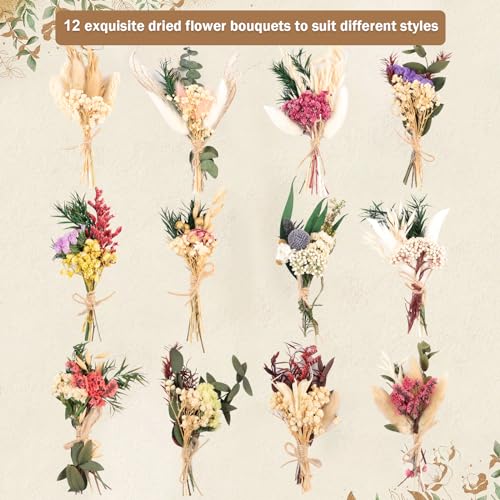 Fumwase 12Pcs Mini Dried Flower Bouquet Wildflowers | Natural Real Flowers, Small Boho Bulk, For Vase & Crafts, DIY Photo Props, Wedding Decor Gift