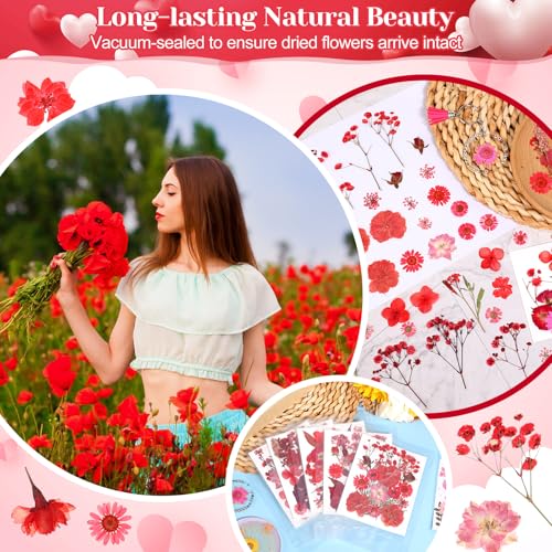 Pressed Dried Flowers for Resin, Natural Real Dried Pressed Flowers for Crafts, Bulk Dry Flowers for Resin Molds, Candles, DIY Art Jewelry Making with Tweezers (Red Love Pressed Flowers) - size: Red Love Pressed Flowers